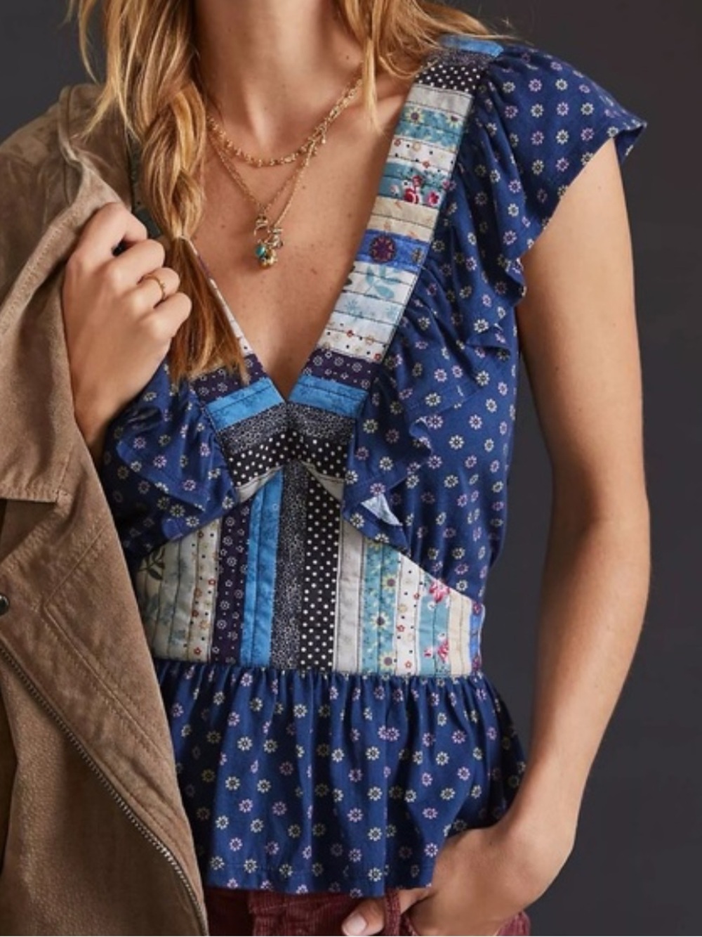 Anthropologie Let Me Be blue patchwork ruffle top small S